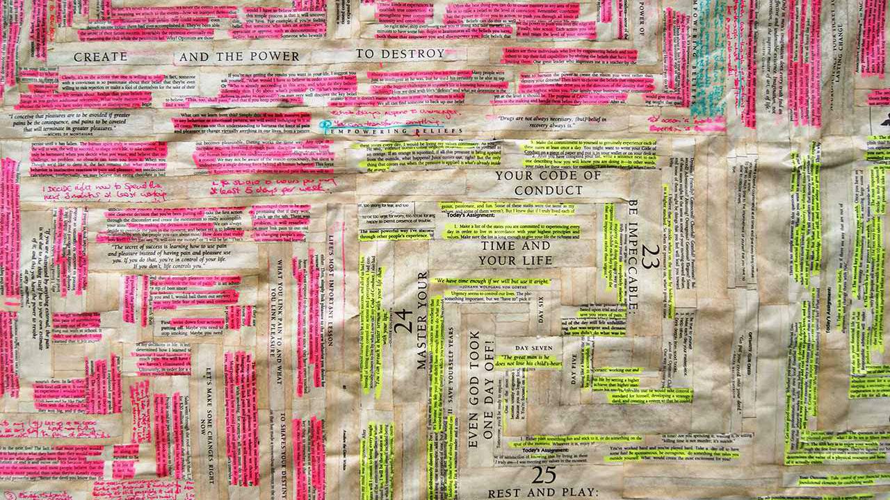 photo of artwork by Michelle Rumney: 'Awaken the Giant Within (detail) - book pages & highlighter pen on paper, H140cm x W140cm, Dorset, 2013