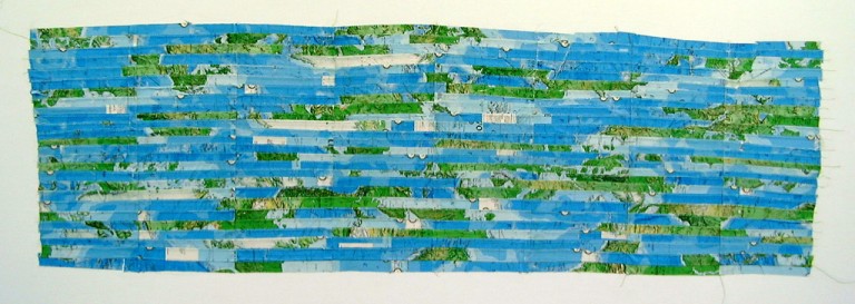 'El Mundo' (The World), map pieces & stitching on gesso on canvas, 214 x 100cm, 2001