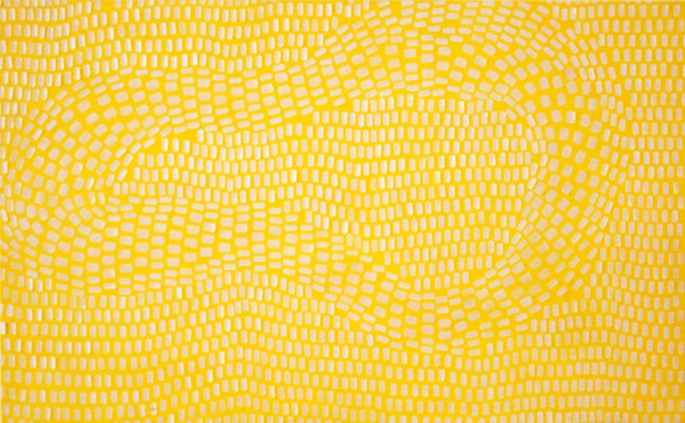 'Hubbub', adhesive labels and acrylic on canvas, 139 x 86cm, 2002