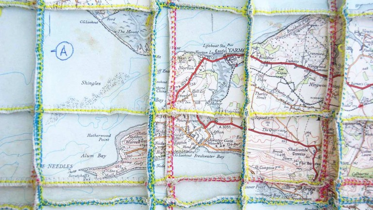 'I.O.W.', (detail), map pieces & stitching on paper, 64 x 77 cm, 2013