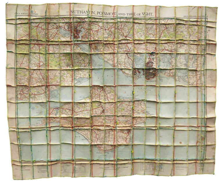 'I.O.W.', map pieces & stitching on paper, 64 x 77 cm, 2013