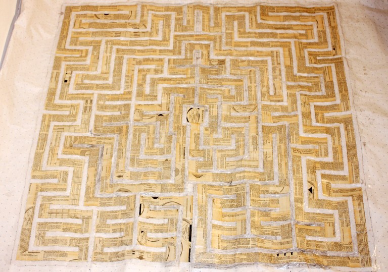 '7 Habits of Highly Effective People 7 Path Labyrinth', (work in progress), book pages on paper, 163 x 163 cm, 2012