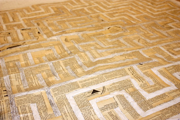 '7 Habits of Highly Effective People 7 Path Labyrinth', (work in progress), book pages on paper, 163 x 163 cm, 2012