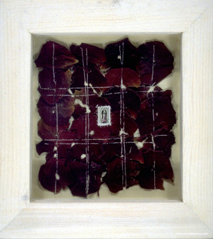 Guadalupe I - mixed media artwork - rose petals & stitching on paper, Mexico, 1996