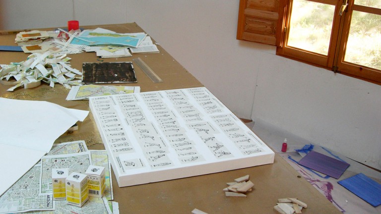 paintings in progress in the yurt studio, Andalucia, 2009