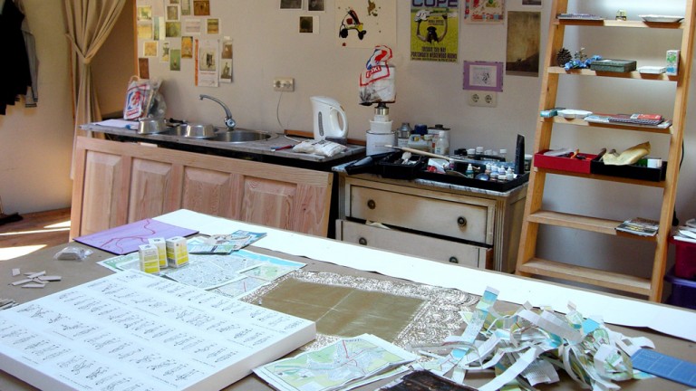 paintings in progress in the yurt studio, Andalucia, 2008