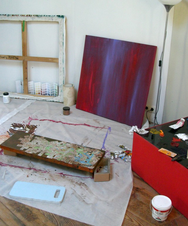 paintings in progress in the yurt studio, Andalucia, 2009