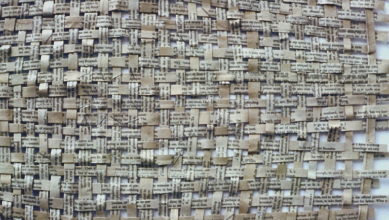 'Kafkas Castle Ch12', woven strips of book pages & varnish, 58 x 56cm, 2001