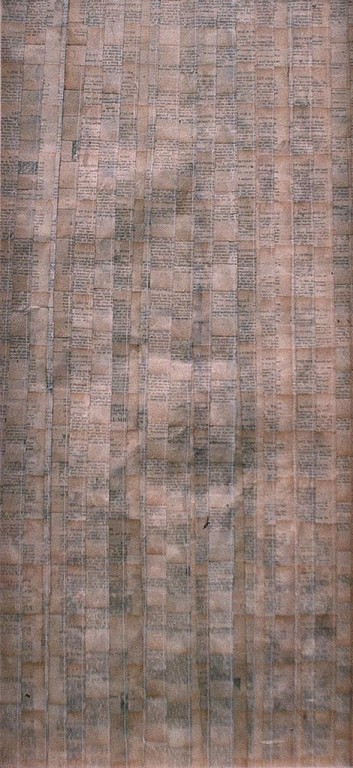 'Lady Ermintrude & The Plumber', varnish, book pages & stitching on paper, 40 x 120cm, 1999