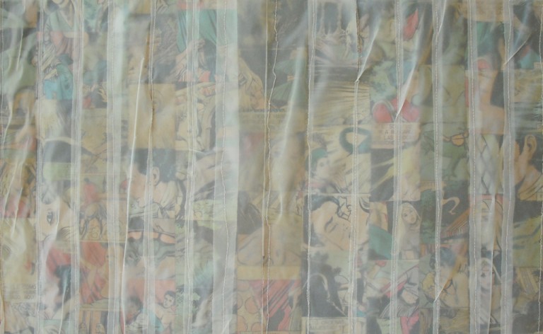 'Passion II', tracing paper, comic books & stitching on canvas, 40 x 20 cm, 1999