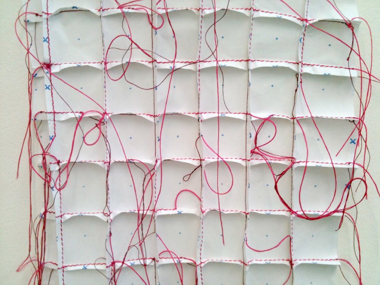 Threads - mixed media artwork, magenta stitching on paper, London, 2011