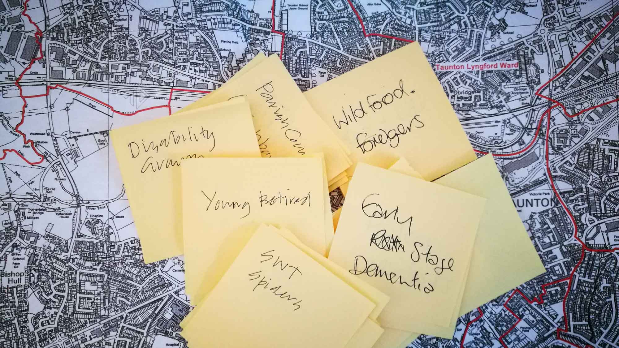 map and post-it notes Mapping ideas for local groups in Taunton