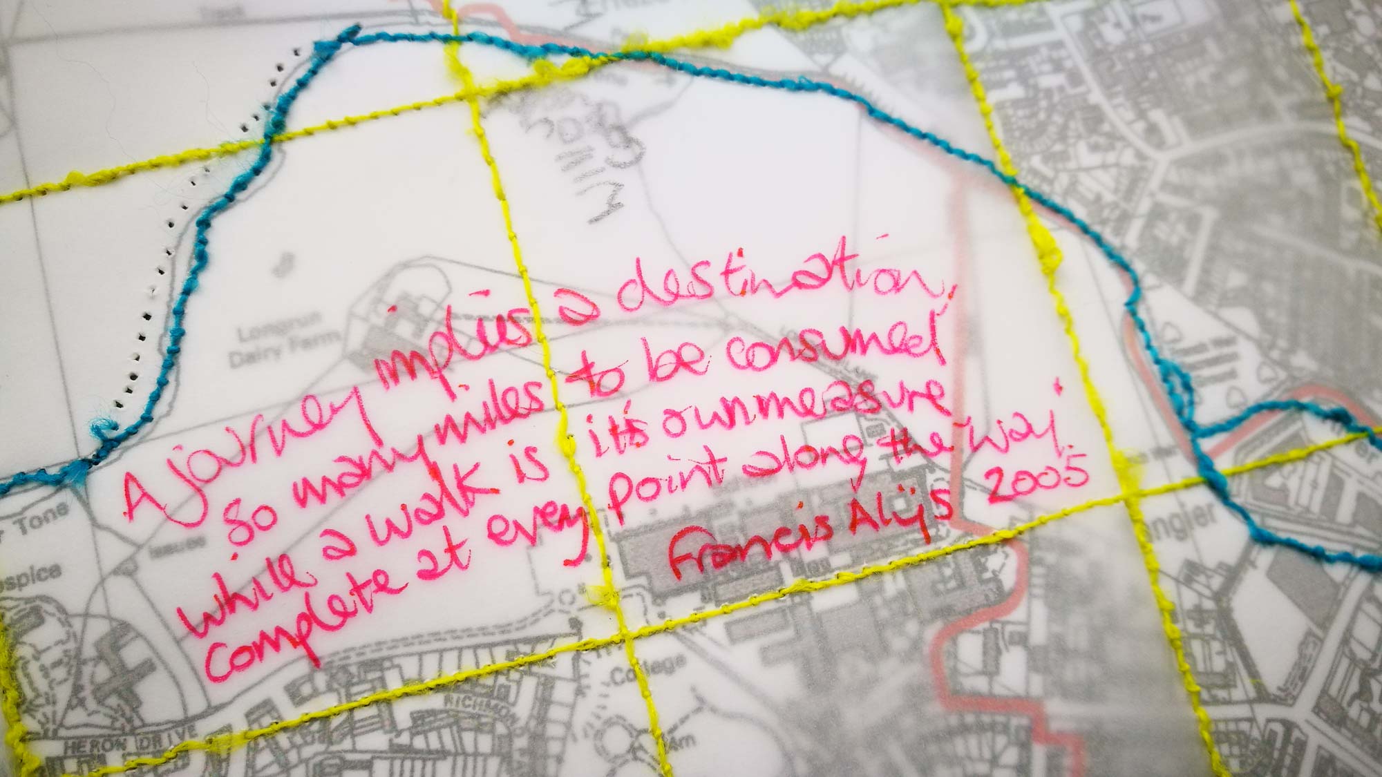 artwork for Arts Taunton by Michelle Rumney stitched map of Taunton, part of a new residency project