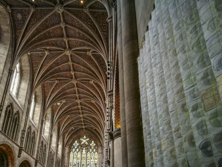 artwork 'Map of Mundi' by artist Michelle Rumney in the nave of Hereford Cathedral Re-Making Maps of the Mind: Medieval and Modern Journeys exhibition