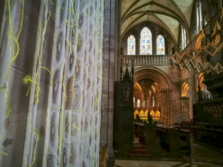 artwork 'Map of Mundi' by artist Michelle Rumney in the nave of Hereford Cathedral Re-Making Maps of the Mind: Medieval and Modern Journeys exhibition