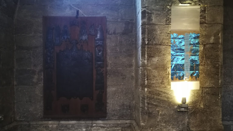 artwork on show by artist Michelle Rumney in the crypt of Hereford Cathedral Re-Making Maps of the Mind: Medieval and Modern Journeys exhibition