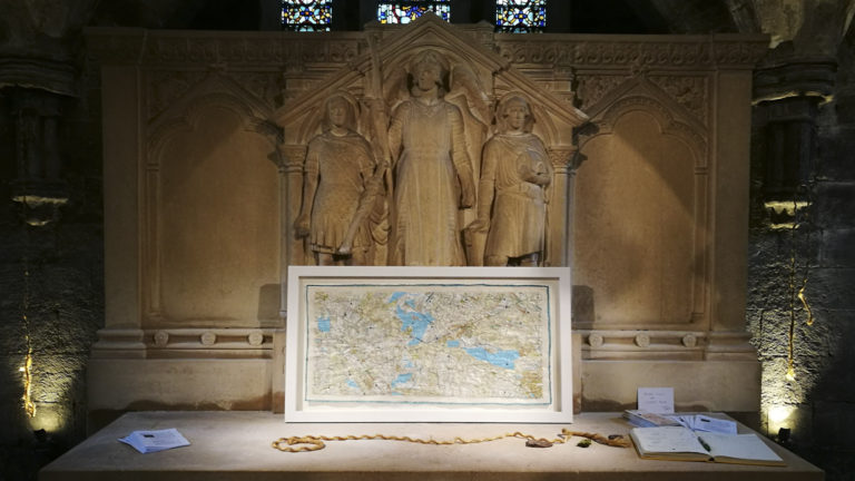 artwork on show by artist Michelle Rumney in the crypt of Hereford Cathedral Re-Making Maps of the Mind: Medieval and Modern Journeys exhibition