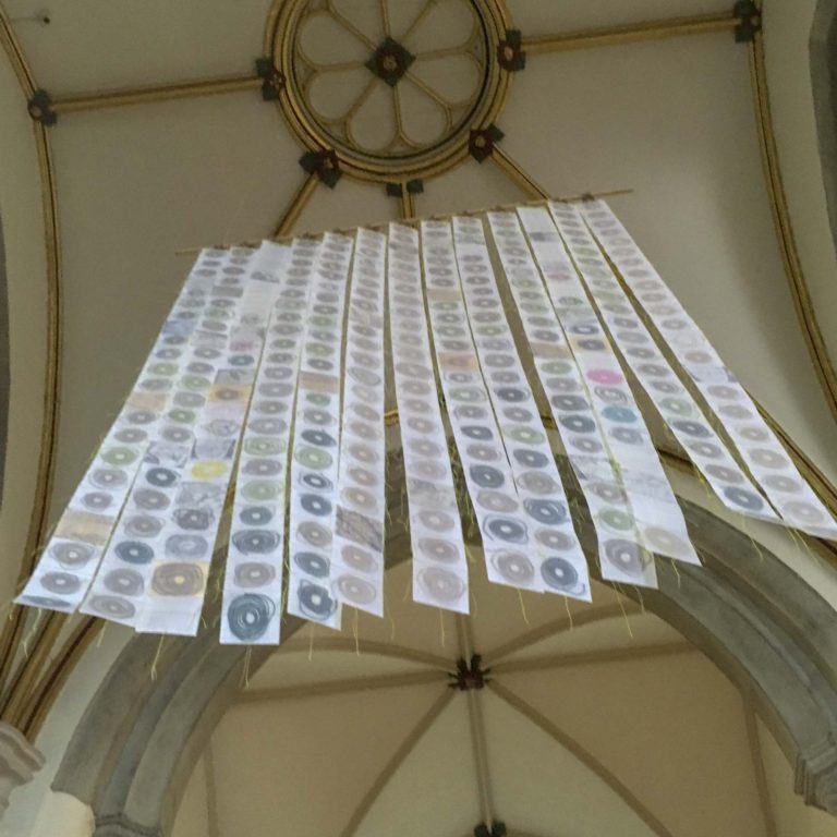 Map of Mundi hanging in the nave of St Marys Priory Church Abergavenny in Wales - part of the St Thomas Way