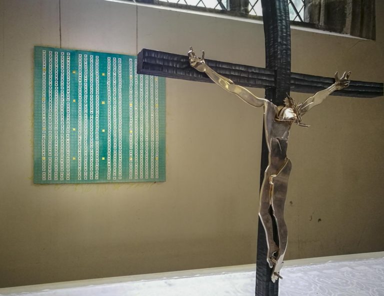'There is No Away' artwork hanging in the chapel of St Marys Priory Church Abergavenny in Wales - part of the St Thomas Way