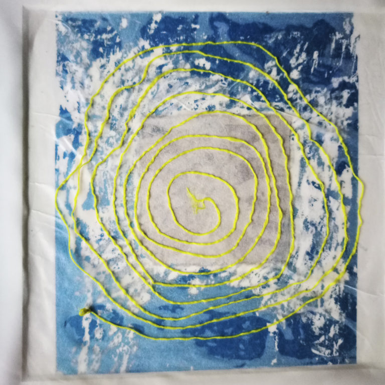 Yellow Spiral artwork by Michelle Rumney from the St Thomas Way Swansea to Hereford 2018