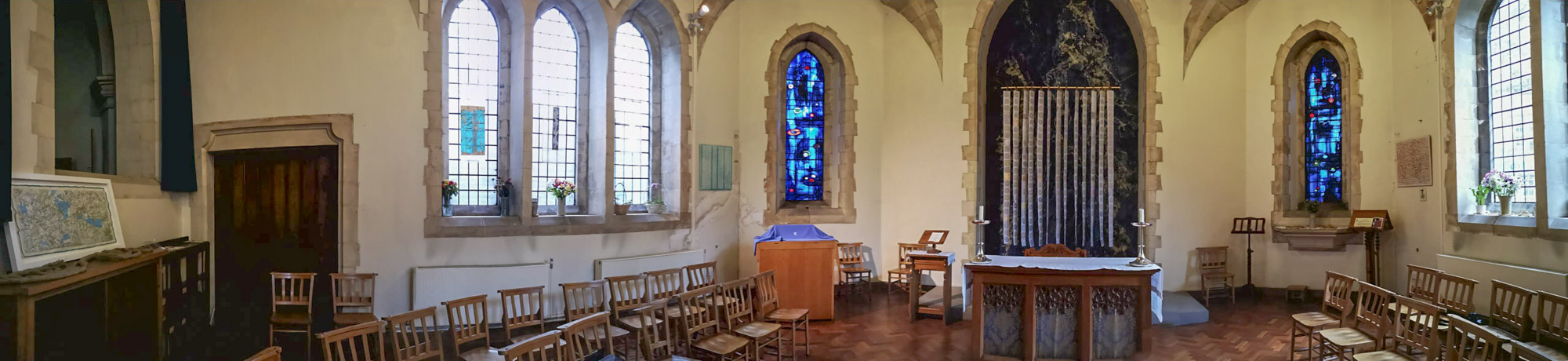 panorama image of exhibition Re-Making Maps of the Mind: Medieval and Modern Journey in St Marys Church Swansea