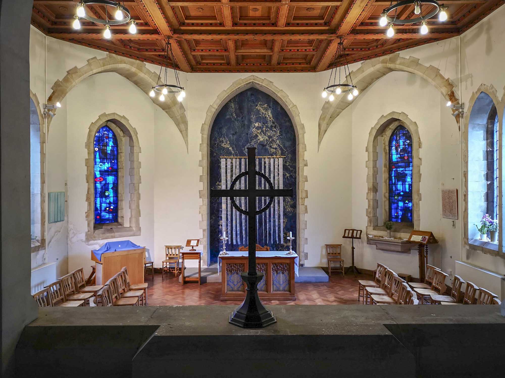image of The Holy Trinity Chapel in St Marys Swansea with the exhibition Re-Making Maps of the Mind - Medieval and Modern Journeys
