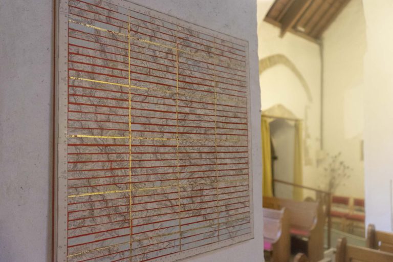 artwork in St Illtuds Llantwit Major in the St Thomas Way exhibition Re-Making Maps of the Mind - Medieval and Modern Journeys by artist Michelle Rumney