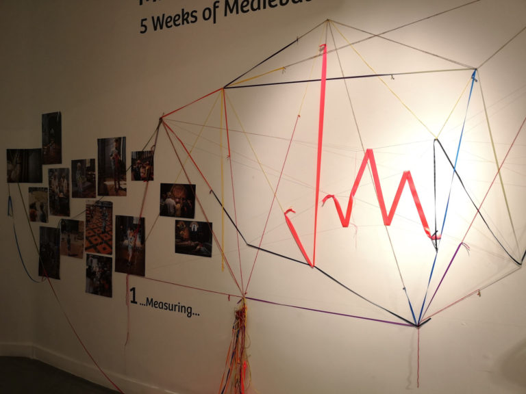 Artwork from the creative workshop 'Measuring to the Saint' with artist Michelle Rumney at the Map of Mundi exhibition at Lighthouse Poole