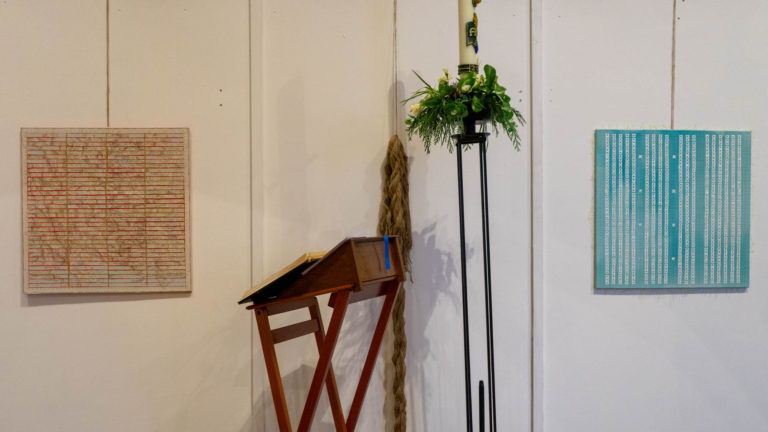 Newport Cathedral Exhibition Medieval & Modern Journeys for St Thomas Way by artist Michelle Rumney