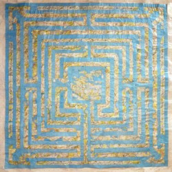 The Road to Tobemory, Scottish 7-Circuit Labyrinth, road atlas pages on paper, H150 x W150 cm, Dorset 2013 (Private collection, Austria) 'The Road to Tobemory', a mixed media contemporary artwork by Michelle Rumney in the form of a 7-Circuit Labyrinth, Scottish road atlas pages on paper, photo showing a detail view of the artist's finished unframed work