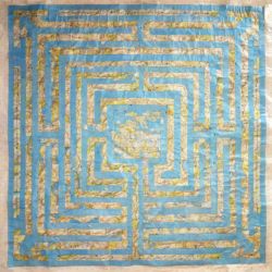 The Road to Tobemory, Scottish 7-Circuit Labyrinth, road atlas pages on paper, H150 x W150 cm, Dorset 2013 (Private collection, Austria) 'The Road to Tobemory', a mixed media contemporary artwork by Michelle Rumney in the form of a 7-Circuit Labyrinth, Scottish road atlas pages on paper, photo showing a detail view of the artist's finished unframed work