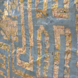 The Road to Tobemory, Scottish 7-Circuit Labyrinth, (detail), road atlas pages on paper, H150 x W150 cm, Dorset 2013 (Private collection, Austria) 'The Road to Tobemory', a mixed media contemporary artwork by Michelle Rumney in the form of a 7-Circuit Labyrinth, Scottish road atlas pages on paper, photo showing a detail view of the artist's finished unframed work