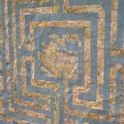 The Road to Tobemory, Scottish 7-Circuit Labyrinth, (detail), road atlas pages on paper, H150 x W150 cm, Dorset 2013 (Private collection, Austria) 'The Road to Tobemory', a mixed media contemporary artwork by Michelle Rumney in the form of a 7-Circuit Labyrinth, Scottish road atlas pages on paper, photo showing artists finished unframed work