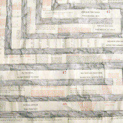 'The 48 Laws of Power' by David Greene as an mixed media artwork by Michelle Rumney in the form of a Triple Meander Labyrinth', book pages on paper, photo showing artists work in progress (laws 44-47)