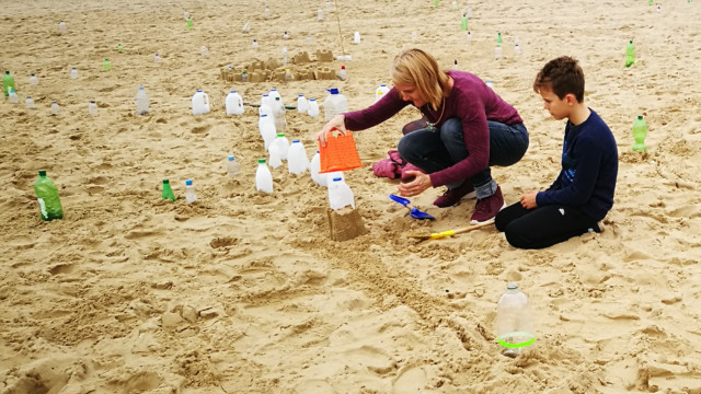 pathways into Plastic Pathways Beach labyrinth on the sand for Arts by the Sea festival by artist Michelle Rumney