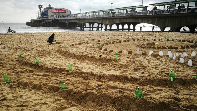 Pathways of the Plastic Pathways Beach labyrinth on the sand for Arts by the Sea festival by artist Michelle Rumney