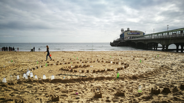 Patterns of the Plastic Pathways Beach labyrinth on the sand for Arts by the Sea festival by artist Michelle Rumney