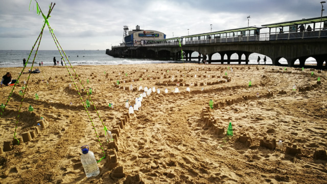 pathways into Plastic Pathways Beach labyrinth on the sand for Arts by the Sea festival by artist Michelle Rumney