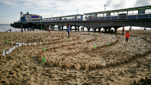 Plastic Pathways Beach labyrinth on the sand for Arts by the Sea festival by artist Michelle Rumney
