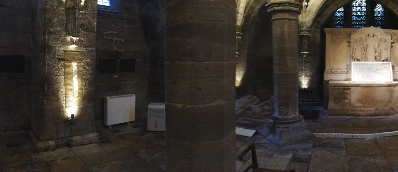panorama artwork on show in the Crypt by artist Michelle Rumney in the nave of Hereford Cathedral Re-Making Maps of the Mind: Medieval and Modern Journeys exhibition