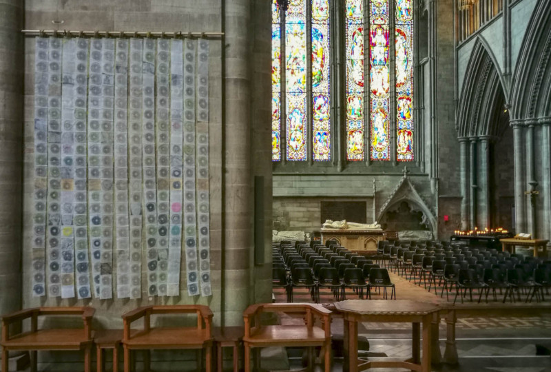 artwork 'Map of Mundi' by artist Michelle Rumney in the nave of Hereford Cathedral Re-Making Maps of the Mind: Medieval and Modern Journeys exhibition