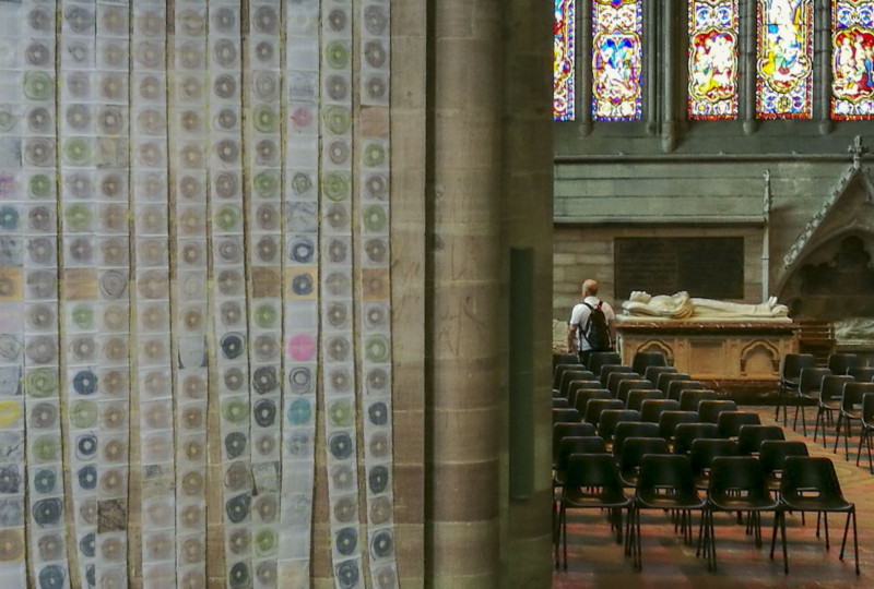 artwork 'Map of Mundi' by artist Michelle Rumney in the nave of Hereford Cathedral Re-Making Maps of the Mind: Medieval and Modern Journeys exhibition