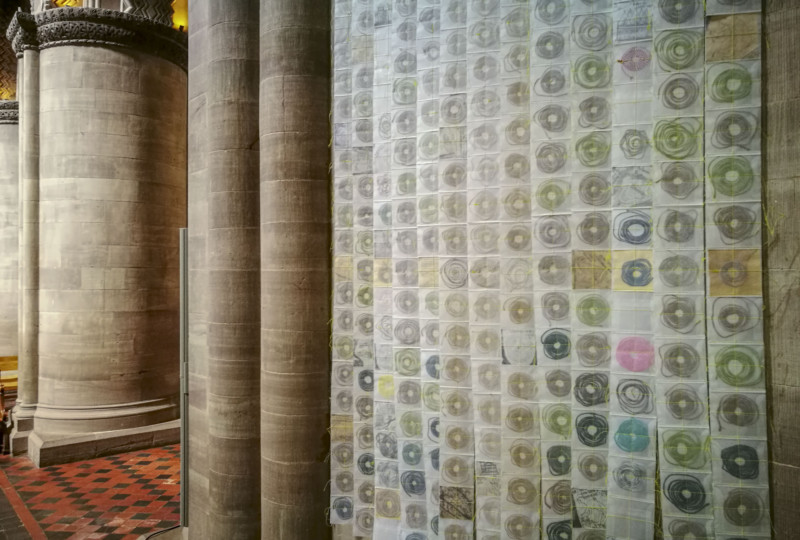 artwork 'Map of Mundi' by artist Michelle Rumney in the nave of Hereford Cathedral Re-Making Maps of the Mind: Medieval and Modern Journeys exhibition