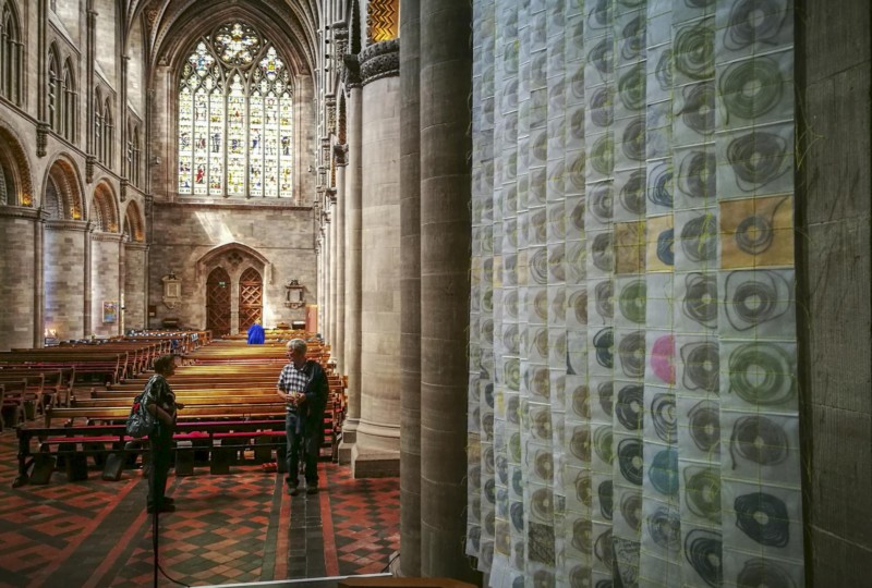 artwork 'Map of Mundi' by artist Michelle Rumney in the nave of Hereford Cathedral Re-Making Maps of the Mind: Medieval and Modern Journeys exhibition