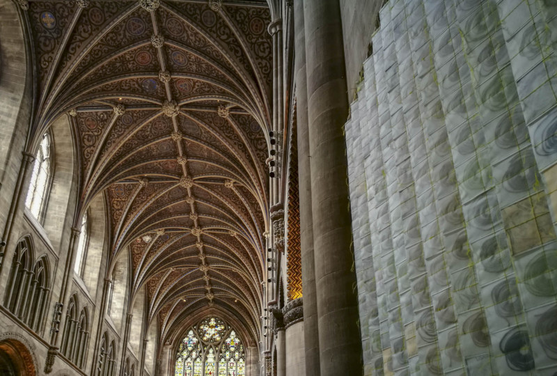 artwork 'Map of Mundi' by artist Michelle Rumney in the nave of Hereford Cathedral Re-Making Maps of the Mind: Medieval and Modern Journeys exhibition