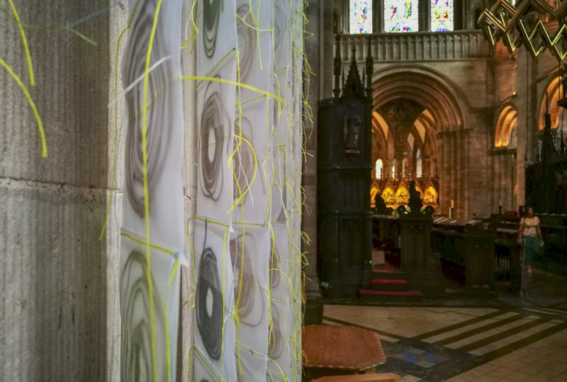 artwork 'Map of Mundi' by artist Michelle Rumney in the nave of Hereford Cathedral Re-Making Maps of the Mind: Medieval and Modern Journeys exhibition