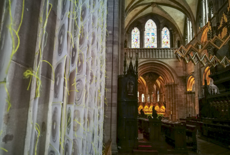 artwork 'Map of Mundi' by artist Michelle Rumney in the nave of Hereford Cathedral Re-Making Maps of the Mind: Medieval and Modern Journeys exhibition