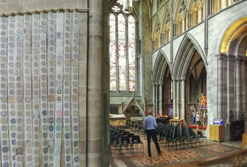 panorama artwork 'Map of Mundi' by artist Michelle Rumney in the nave of Hereford Cathedral Re-Making Maps of the Mind: Medieval and Modern Journeys exhibition