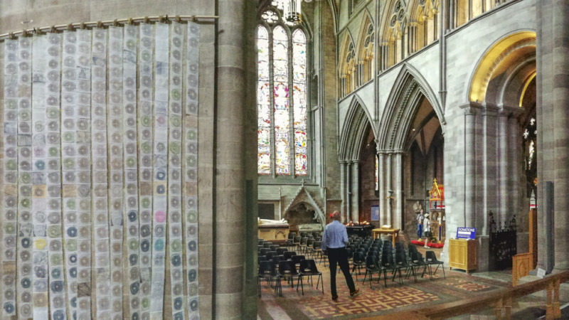 panorama artwork 'Map of Mundi' by artist Michelle Rumney in the nave of Hereford Cathedral Re-Making Maps of the Mind: Medieval and Modern Journeys exhibition