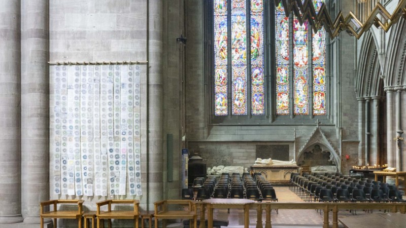 artwork 'Map of Mundi' by artist Michelle Rumney in the nave of Hereford Cathedral Re-Making Maps of the Mind: Medieval and Modern Journeys exhibition